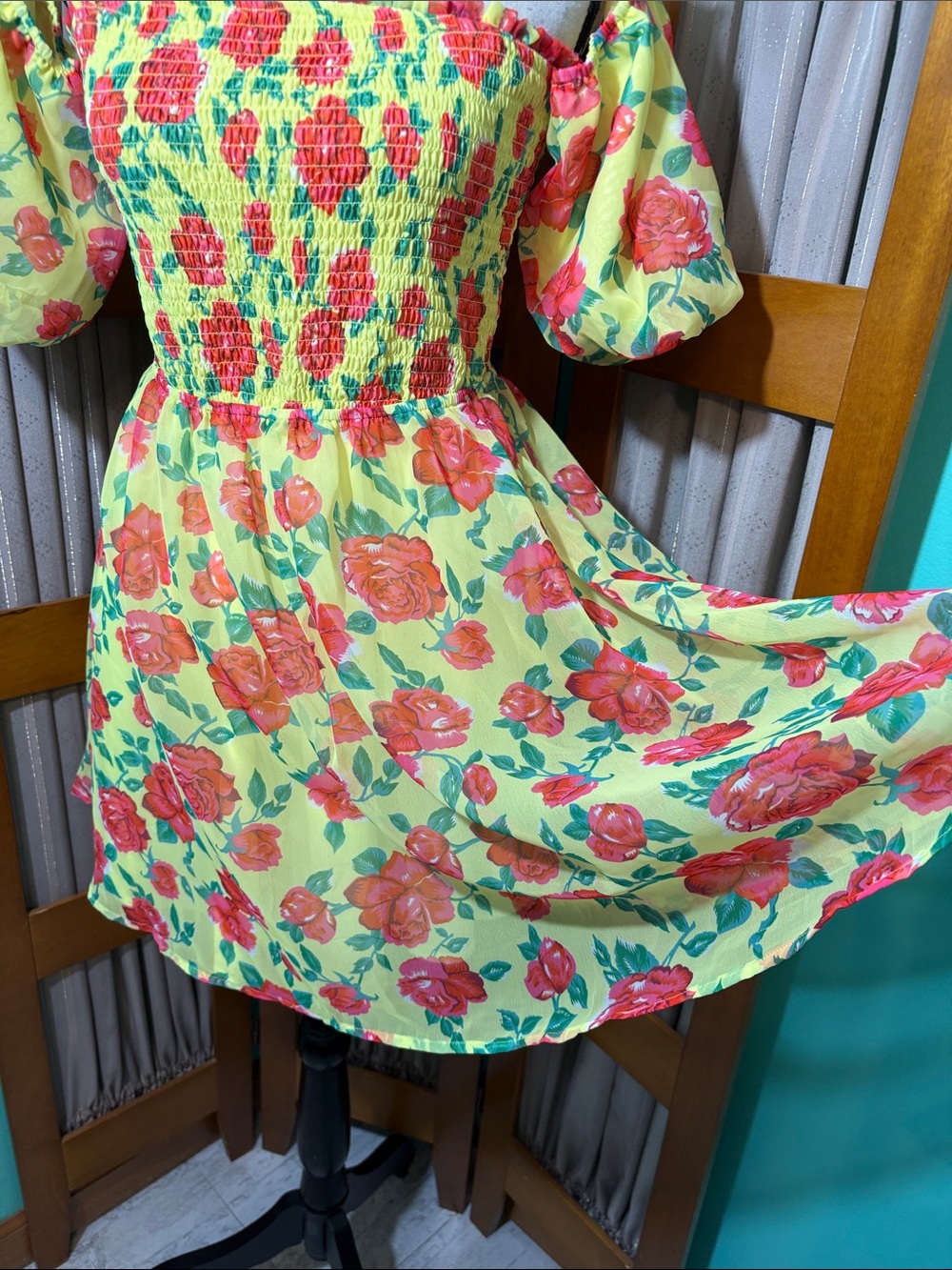 Betsey Johnson Yellow Mini Dress with Red Floral Print - Picture 4 of 15